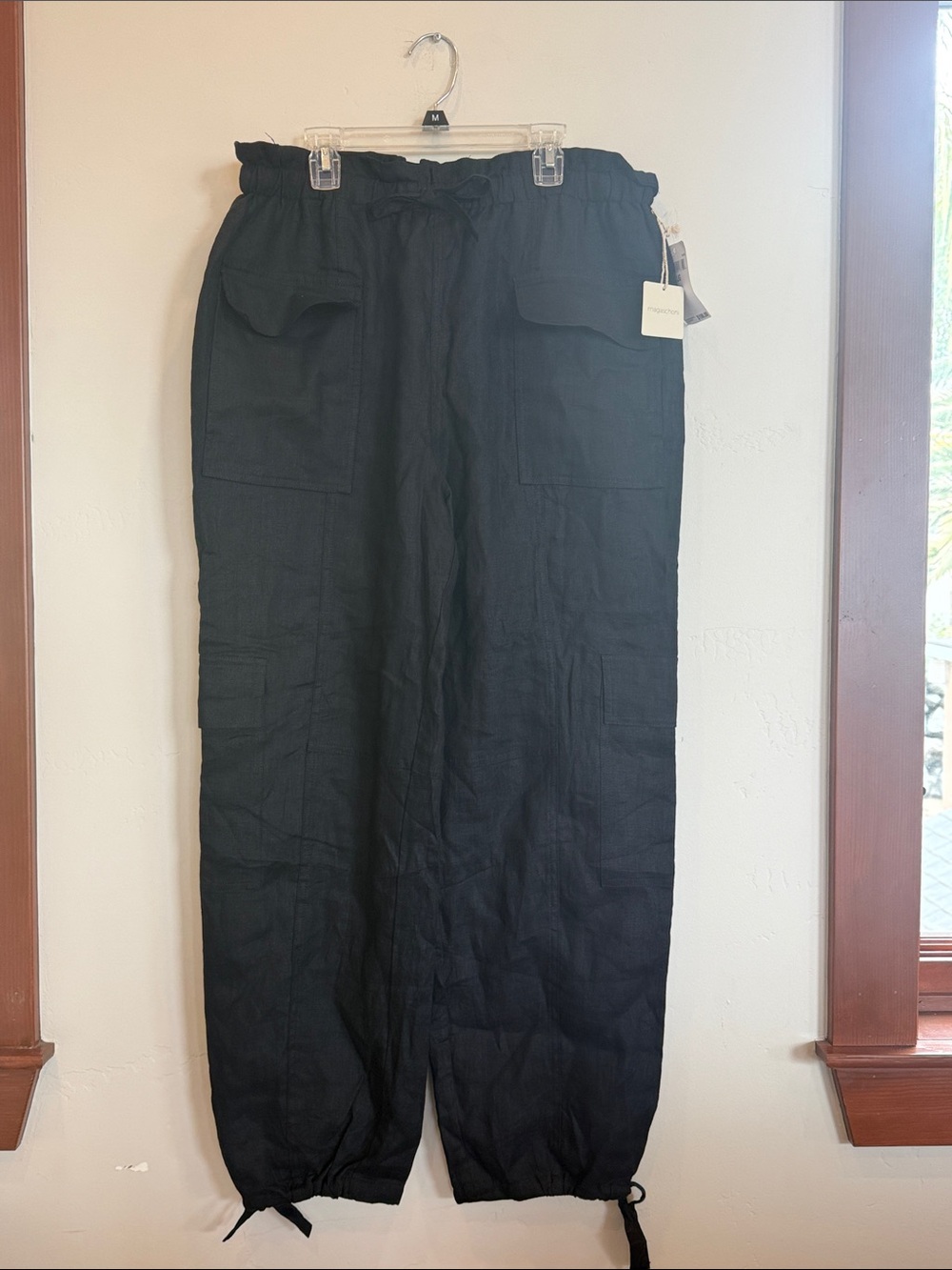 NWT Magaschoni 100% Linen Drawstring Elastic Waistband Pants in black size Large